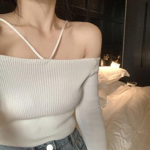 Y2K Sexy Off Shoulder Halter Knitting Sweater Pullovers Women Autumn Fashion Solid Long Sleeve Slim Crop Top Korean Streetwear