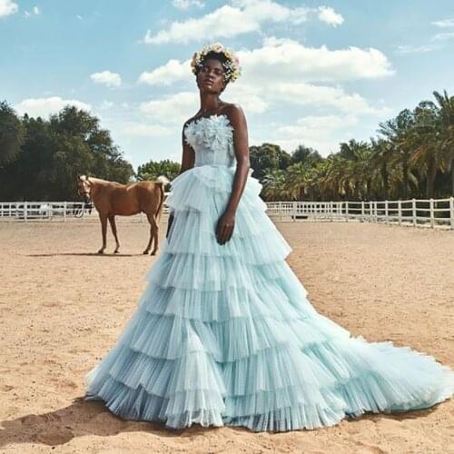 Light Blue Formal Dress Long robe de soiree vestido de festa Floral Bodice Prom Gown Off Shoulder Tiered Ruffles abendkleider