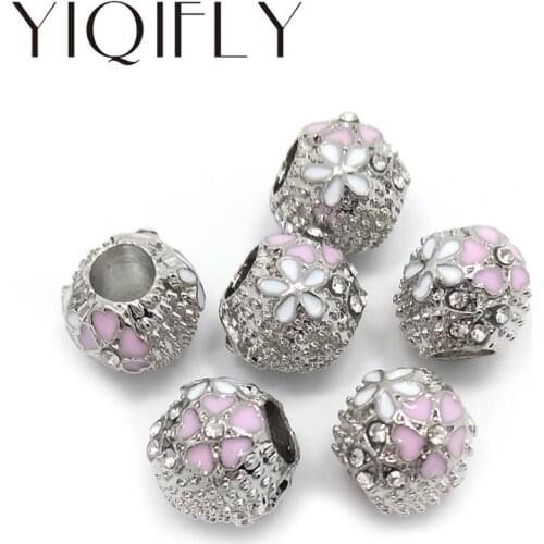 YIQIFLY Free shipping 2017 new 20pcs 11mm round shape silver color pink oil-drip big hole alloy beads fit European bracelet DIY