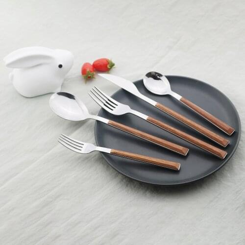 Western 4/5Pcs Stainless Steel Cutlery Set Wooden Handle Dinnerware Knife Fork Coffee Tea Spoon Silverware Kitchen Tableware Set