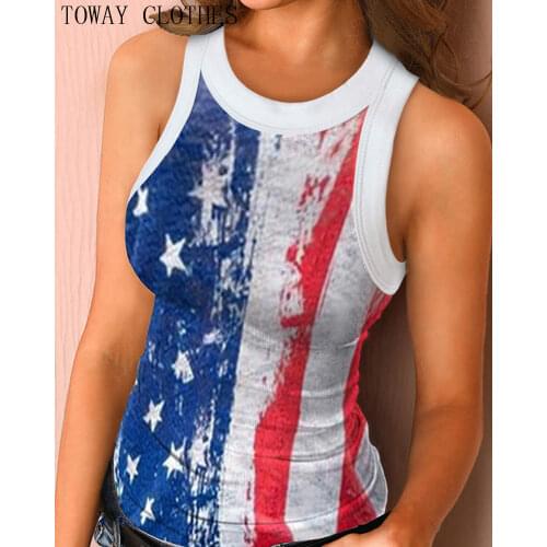 2020 New Women Summer Sexy Flag Print Round Neck Sleeveless Casual Top Tank Top Female Blouse