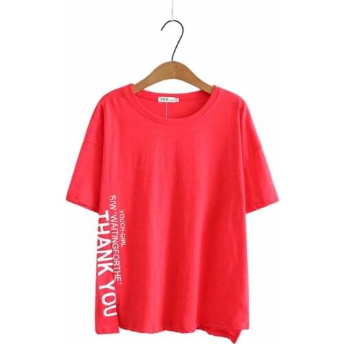 Women letter print o neck Short Sleeve Shirt red light green black Top Plus Size Women T-shirt Clothing Slub cotton T Shirts