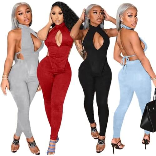 2021 Sexy Women Two Piece Set Bandage Backelss Crop Top + Long Pants Tracksuit Women Jogging Femme Pant Suits
