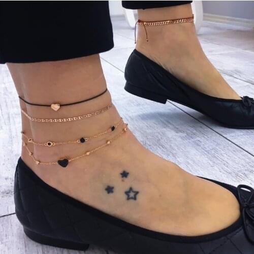Bohemian 4Pcs/Set MultiLayer Chain Heart Anklets For Women Leather Rope Beads Bracelets Beach Sandals Ankle Chain Jewelry Gifts