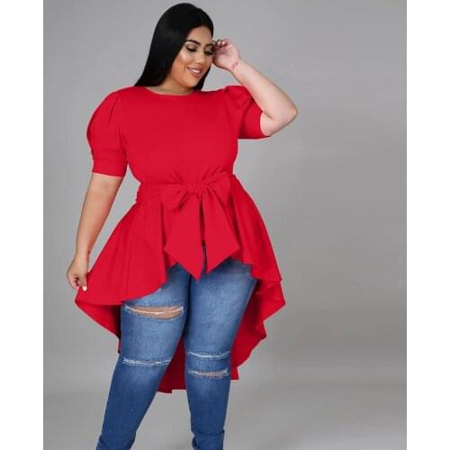 Bow Decoretion Front Short Back Long Tops for Women Round Neck Short Sleeve Irregular Tee Elegant Female High Waist T-shirts