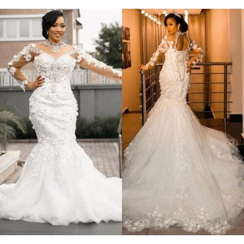 Plus Size 3D Floral Wedding Dresses with Long Sleeve 2023 High Neck Lace-up Crystal Lace African Nigerian Bride Gown vestidos