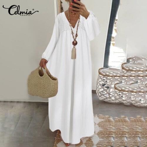 Bohemian Women Maxi Dress Celmia Long Lantern Sleeve White Dresses Sexy V neck Ruffle Party Lace Vestidos Robe Elegant Sundress