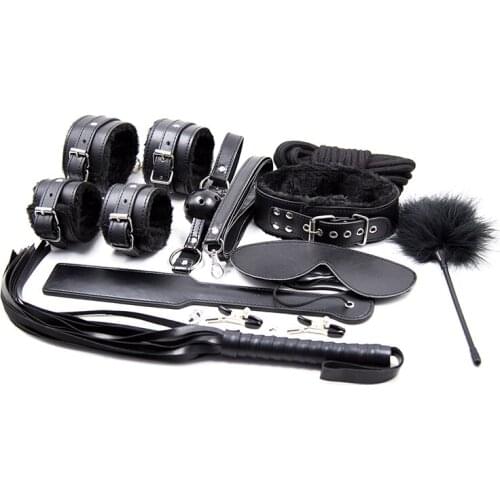 10 Pcs Sex Bondage Sets BDSM Handcuffs Whip Eye Mask Sex Collars Mouth Plug Couples Sex Flirting Sex Toys for Training Fetishism