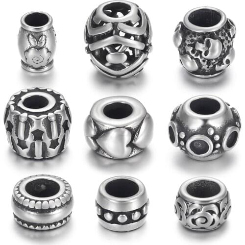 4pcs Stainless Steel Beads Charms 4.5mm/5mm Hole for Leather Jewelry Bracelet Making Metal Sliders Beads DIY Supplies Parts