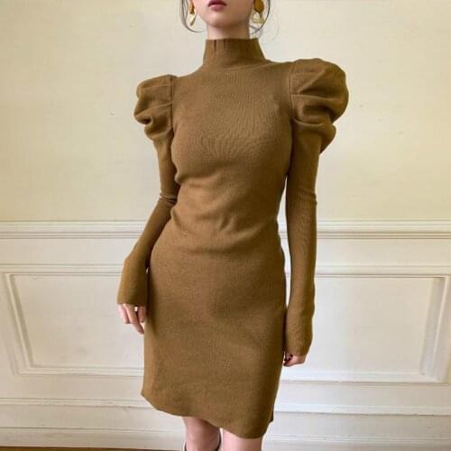 Europe Dress Turtleneck Puff Women Sleeve Vintage Dress Temperament Knitted Dresses Fashion Slim Tin Sweater Autumn 1P9S