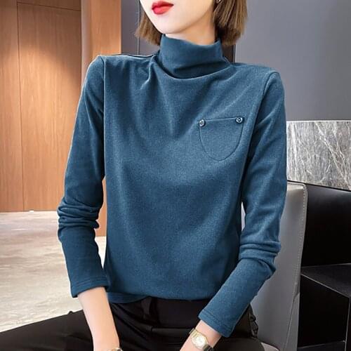 T Shirt Women Fall Winter Thickened Warm Turtleneck Casual Tshirt Button Pockets Long Sleeve Top Slim Tee Shirt Female Camisetas