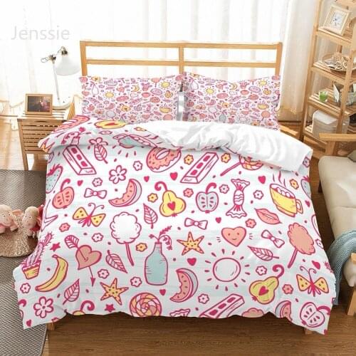 Custom Home Textiles Girls Duvet Cover Set Pink Candy Doughnuts Bananas Watermelon Chocolate White Bedding Set Cartoon Bed Cover