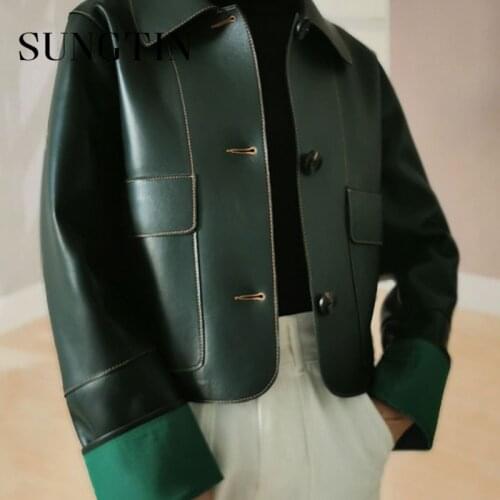 Sungtin New Fashion Faux Leather Jackets for Women Cropped Korean Green Streetwear PU Jacket Loose High Quality Moto Biker Coats