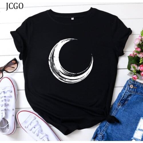 JCGO Summer T Shirt Women 100% Cotton Moon Print Plus Size S-5XL O-Neck Short Sleeve TShirts Fashion Casual Lady Tee Tops