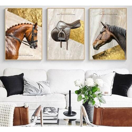 Horse Animal Picture Home Luxury Decor Nordic Canvas Painting Wall Art Print Realist Gold Marble Decor Poster for Living Room