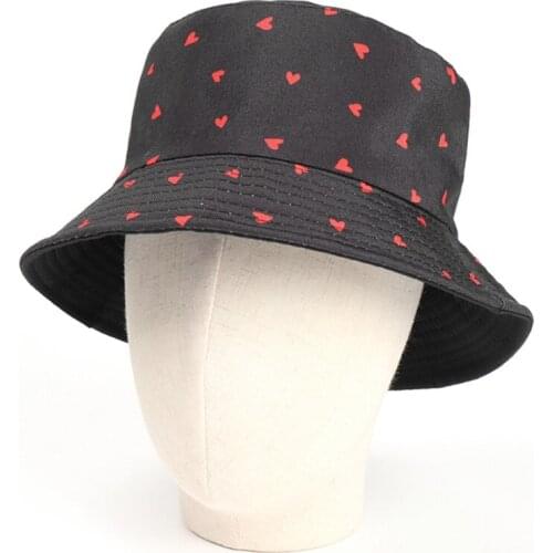 Men Double-sided Sun Hat Inner Black Bucket Caps Outer Red Hearts Pattern Easy to Carry for Outdoor Sports Fishing Beach