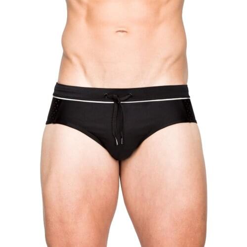 Youth Swimwear Men Swim Brief Black Paded Wave Point Mens Mesh Stitching Sexy Solid Black Triangle Swimming Trunks For Adult