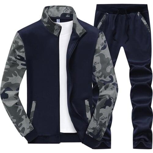 Mens Sports Sets Fashion Zipper Sweatshirt +Sweatpants Camouflage Stitching Tracksuit Slim Casual Sets Sweat Suit Outfit Set
