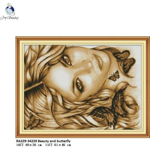 Beauty and Butterfly Embroidery kits, DIY Hand Cross Stitch, Set Embroidery Suit, Enough Canvas and Cotton thread for Embroidery