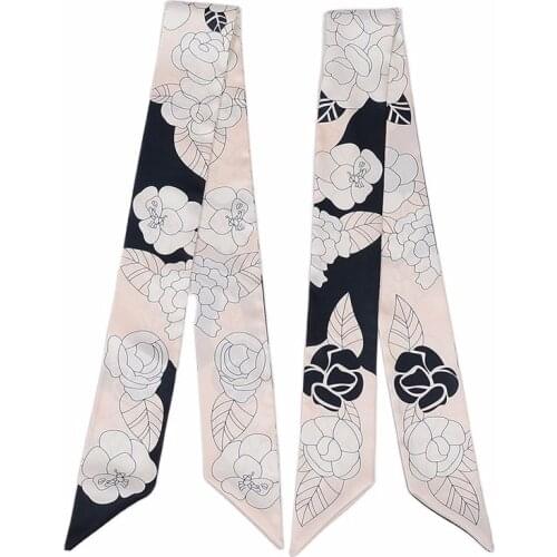 New Listing Silk Scarf Camellia Pattern Twill Satin Scarf Ladies Luxury Fashion Skinny Tie Bag Ribbon Womens Bandana Headband