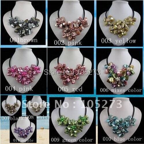 Wholesale Mixes color shell fresh water pearl necklace fashion flower necklace black rope 18inch 10pcs/lot free shipping A1907