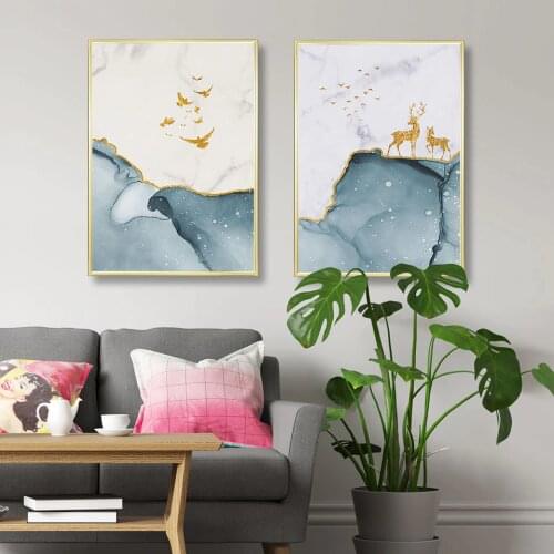 Tree Watercolor Poster Golden Deer Abstract Canvas Painting Bird Wall Art Pictures For Living Roome Modern Home Decorative Print