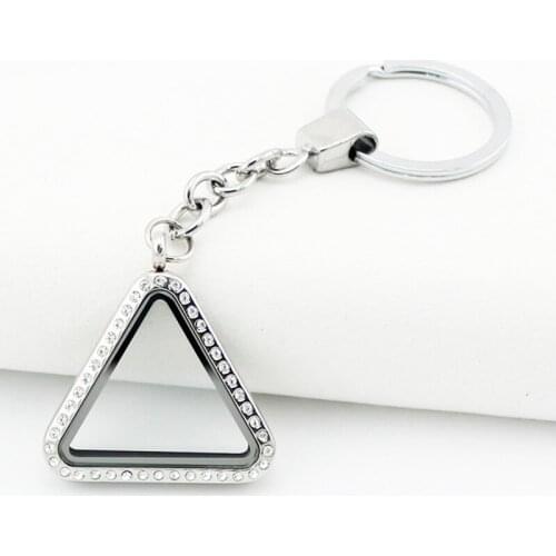 Silver Plated triangle stainless steel rhinestone magnetic open glass crystal floating locket pendant and key chain