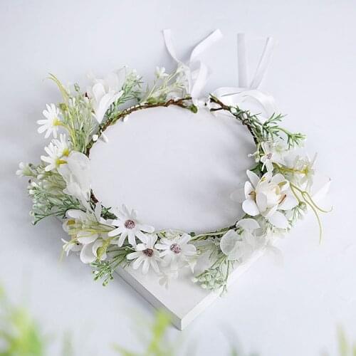 Korean Holiday Flower Crown Wreath Bride Headdress White Floral Hairbands Bridesmaid Beach Party Hair Accessories for Wedding