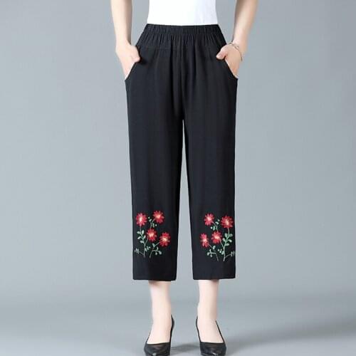Plus Size High Waist Pants Womens Summer Thin Trousers Female Oversized Casual Embroidery Loose Straight Capris Woman Pants