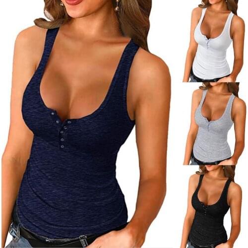 Sexy Women Vest Solid Color Sleeveless Buttons Low Cut Knitted Slim Top T-shirt Sports Low Cut Casual Stylish Vest