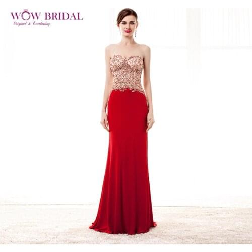 Wowbrial Elegant Red Evening Dress 2021 Sweetheart Strapless Beaded Sheer Open Back Jersey Ruched Mermaid Sweep Train Women Gown