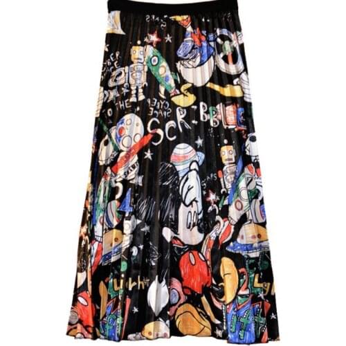 Womens Skirt 2021 New Vintage Casual Summer Long Skirt Fashion Women Cartoon Print Pleated Skirts