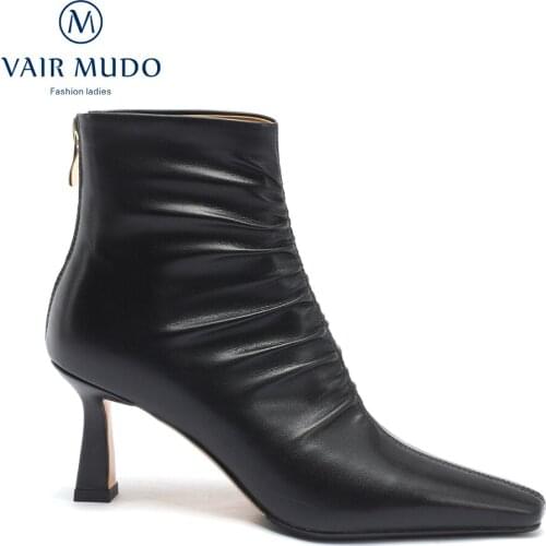 VAIR MUDO Women Ankle Boots Shoes HIgh Heels Black White Genuine Leather Pointed Toe Concise Shoes Women Fashion Boots WM-X187-C