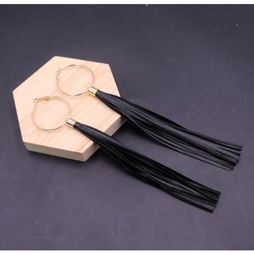 Vintage Black PU Leather Long Tassel Earrings for Women Female Gold Color Alloy Hook Dangle Earrings Statement Party Jewelry