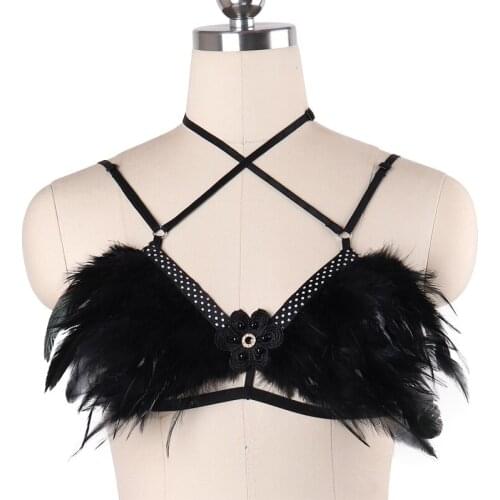 Festival Rave Fearher Lace Flowers Bondage Harness Cage Adjust Back Size Womens Wear Body Harness Burning Man Cage Bra