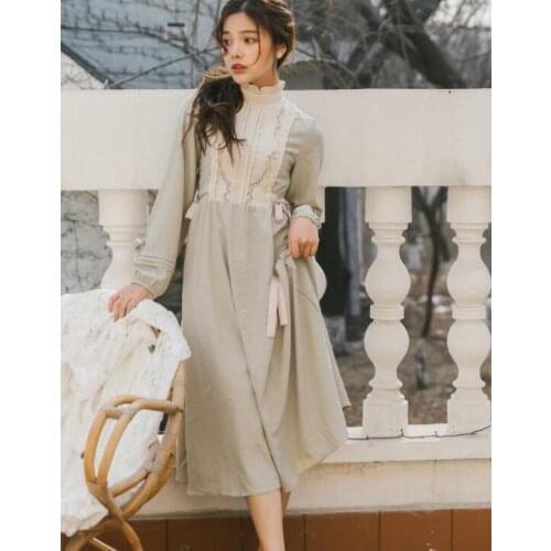 2020 Autumn Winter New Arrival Retro Korean Stand Collar Flower Embroidery Long Sleeve Woman Long Dress