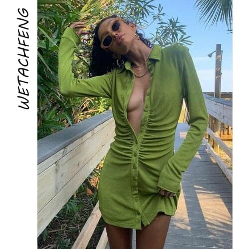 Green Dress Long Sleeve Folds Sexy Mini Slim Turn-Down Collar Tshirts Ladies Dresses Elegant Streetwear Party Club Women Clothes
