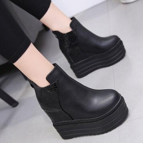 Inner Heightening Super High Heel Winter Fashion Trend Black Zipper Short Tube Female Martin Boots With Waterproof Platform