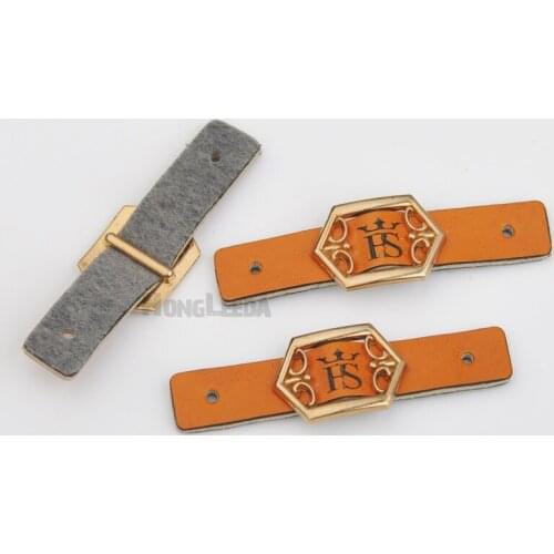 25pcs/lot 5*1.5cm Brown PU leather sew on badges with metal alloy gold logo clothing label for jeans/jacket PLB-023