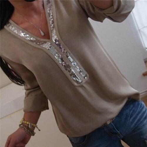 Women Fashion Sequins Blouse Spring Autumn V-Neck Loose Stitching Tops Shirts Office Lady Long Sleeve Casual Pullover Top