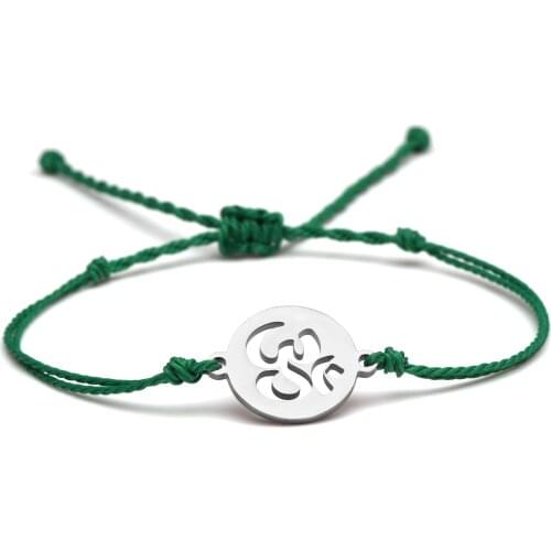 Cute Round Stainless Yoga OM Charm Bracelet Women Men Green Orange Blue Black Wax Coated String Handcrafted Beach Surf Jewelry