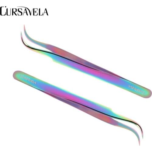 CURSAVELA 1pcs Curved Tweezers Eyelash Extension Tweezers Nails Decor Picker Dead Skin Remover Manicure Nail Tools Rainbow Steel