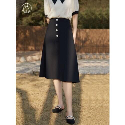 DUSHU Women Black Commuter Skirt Thin Buttons Straight Mid Length Skirt Al-match Temperament Skirt Woman Sexy skirts