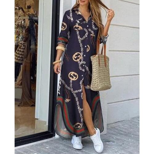 Spring Autumn Ladies New Trend Shirt-style Button Cardigan Casual Sexy Long Skirt Loose Fashion Printed Dress Womens Clothing
