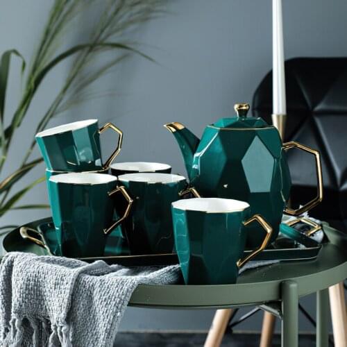 Nordic Phnom Penh Green Diamond Pattern Ceramic Coffee Tea Set Hotel Household Bone China Coffee Pot Cup Coffee Set Water Bottle
