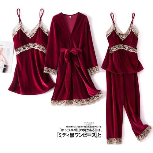 Fashion Velvet 4 Pieces Warm Winter Pajamas Sets Women Sexy Lace Robe Pajama Sleepwear Suit Sleeveless Nightwear
