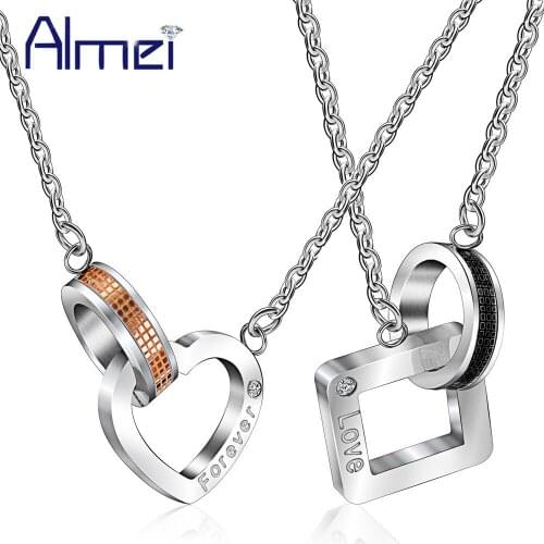 Almei Necklaces & Pendants Titanium Heart and Square Paired Couple Necklace for Men and Women Pendant Valentines Day Gift SN048