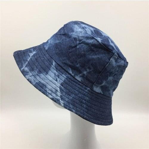 Women Tie Dye Denim Bucket Hat Girls Solid Thin Cotton Fisherman Hat with Black Lining Female Tie Dyed Sun Protect Hats