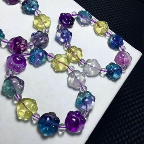 Natural Colorful Fluorite Flower Carved Clear Cat Paw Beads Bracelet 14x14mm Crystal Fluorite Women Men AAAAA