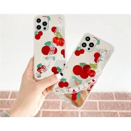Chic Clear Full View Mirror With Cartoon Cherry Bracelet Phone Case for Huawei Honor 9X Pro 9A 9 Lite 8X 10 10i 20S V20 V30 V40